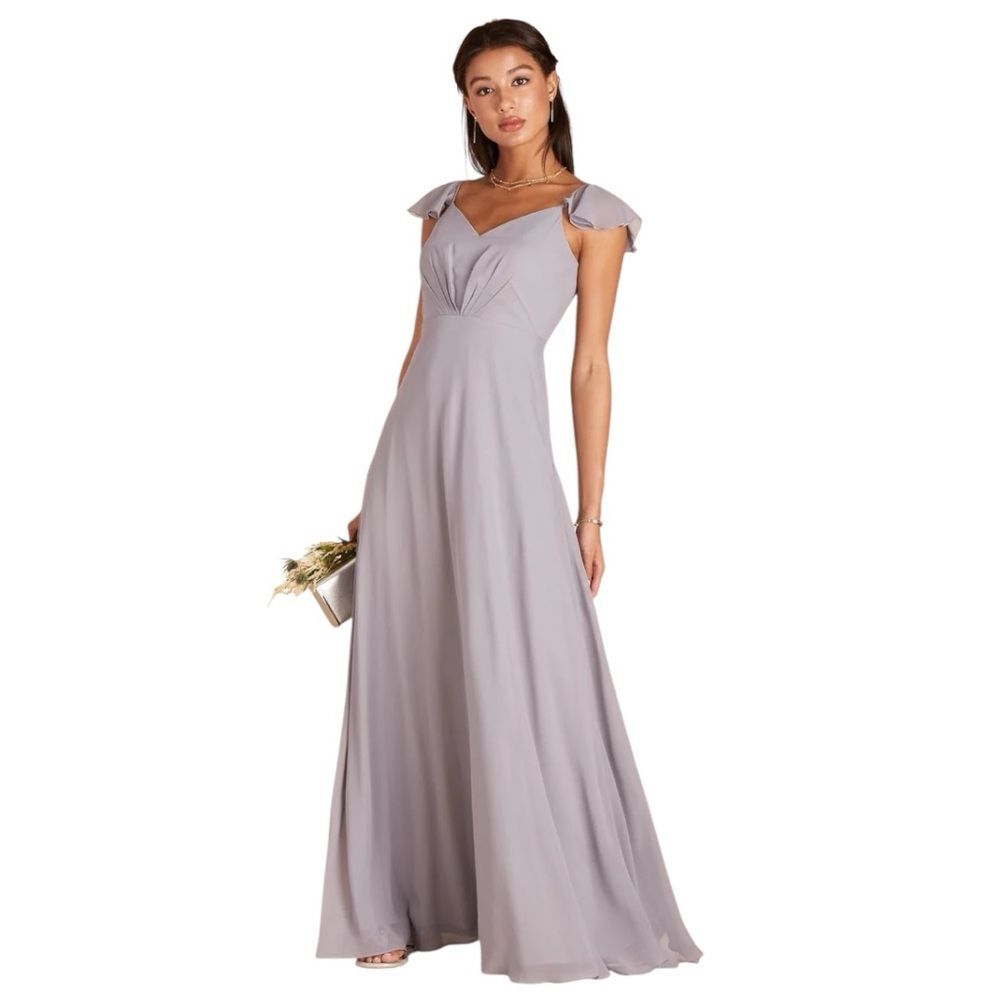 NWT Birdy Grey Silver Kae Chiffon Full Length Flutter Sleeve